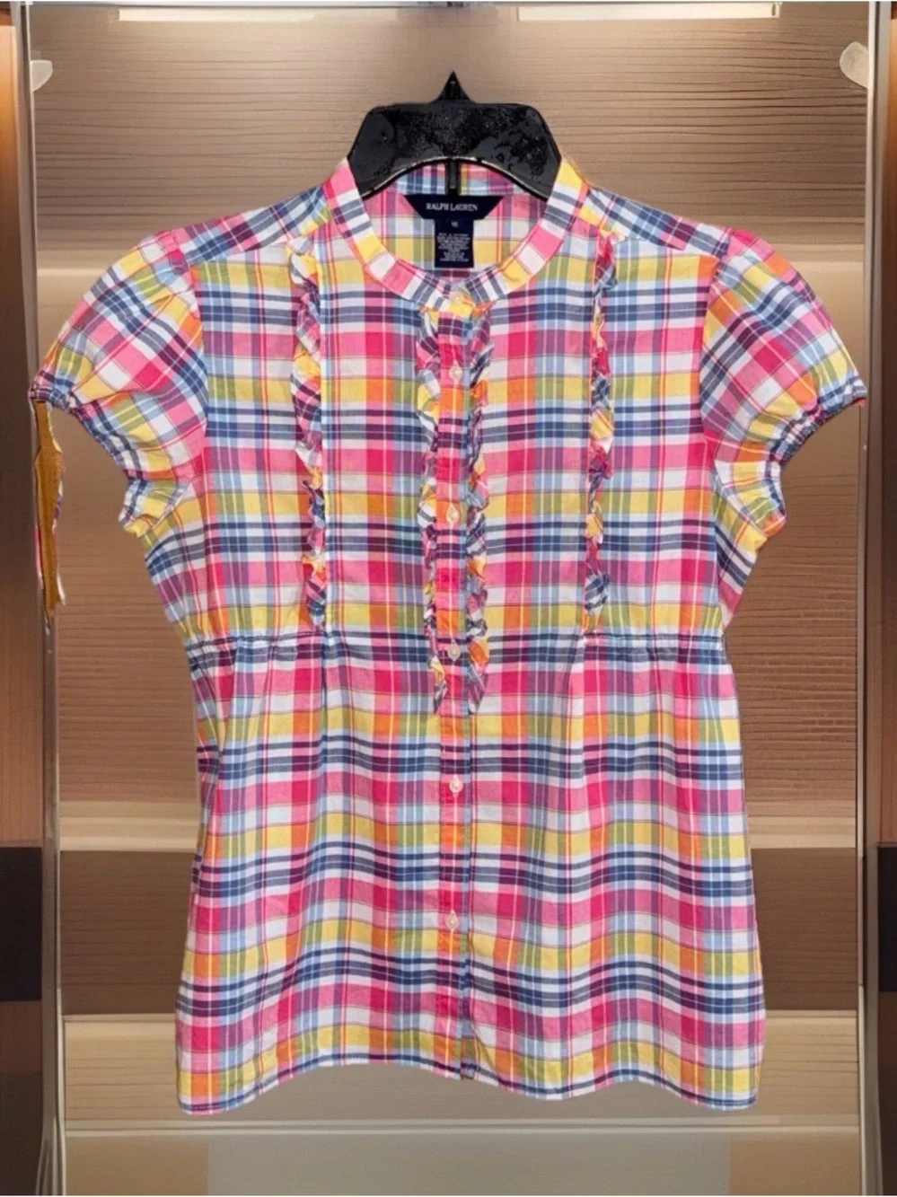 Ralph Lauren Pink Yellow Blue Plaid Ruffle Front Short Sleeve Blouse